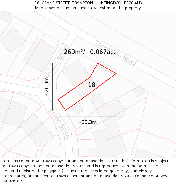 18, CRANE STREET, BRAMPTON, HUNTINGDON, PE28 4UX: Plot and title map