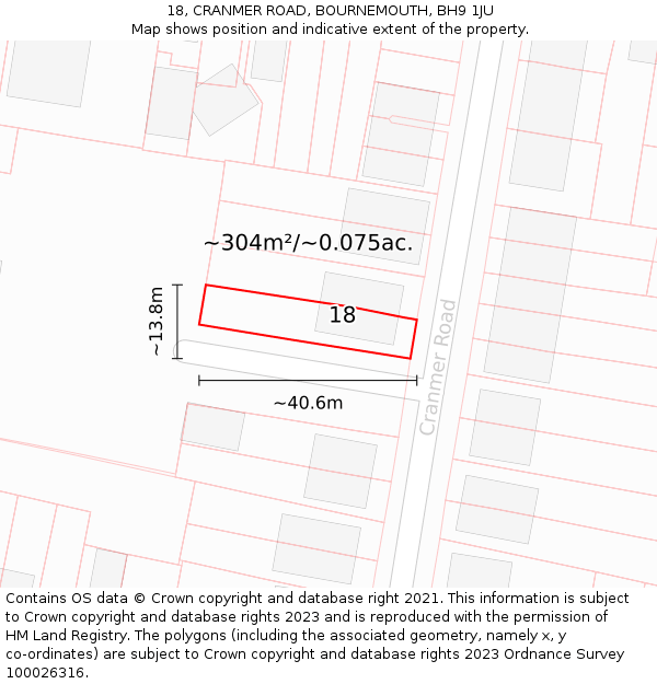 18, CRANMER ROAD, BOURNEMOUTH, BH9 1JU: Plot and title map