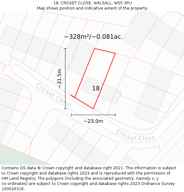 18, CRICKET CLOSE, WALSALL, WS5 3PU: Plot and title map
