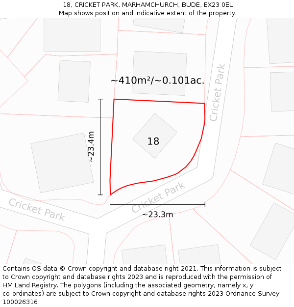 18, CRICKET PARK, MARHAMCHURCH, BUDE, EX23 0EL: Plot and title map