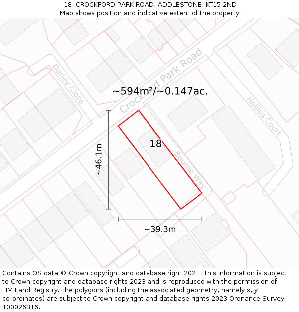 18, CROCKFORD PARK ROAD, ADDLESTONE, KT15 2ND: Plot and title map