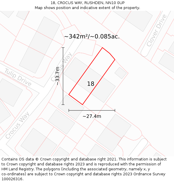 18, CROCUS WAY, RUSHDEN, NN10 0UP: Plot and title map