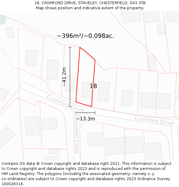 18, CROMFORD DRIVE, STAVELEY, CHESTERFIELD, S43 3TB: Plot and title map