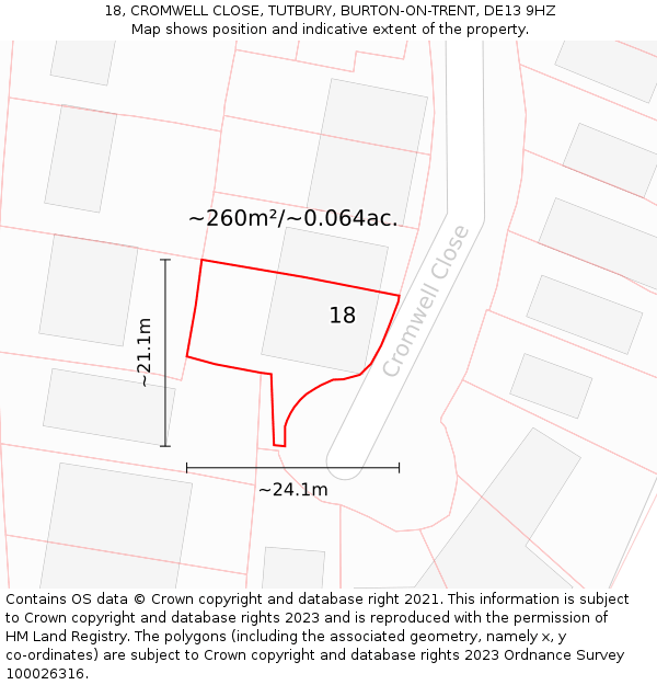 18, CROMWELL CLOSE, TUTBURY, BURTON-ON-TRENT, DE13 9HZ: Plot and title map