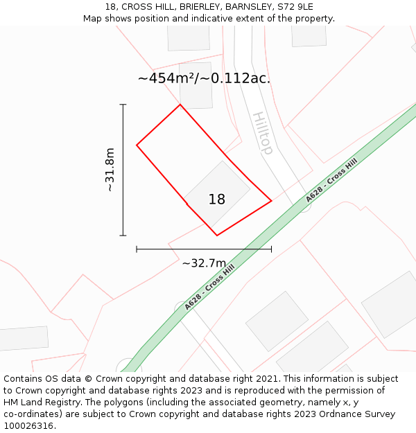 18, CROSS HILL, BRIERLEY, BARNSLEY, S72 9LE: Plot and title map