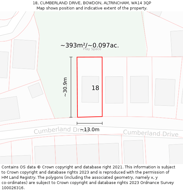 18, CUMBERLAND DRIVE, BOWDON, ALTRINCHAM, WA14 3QP: Plot and title map