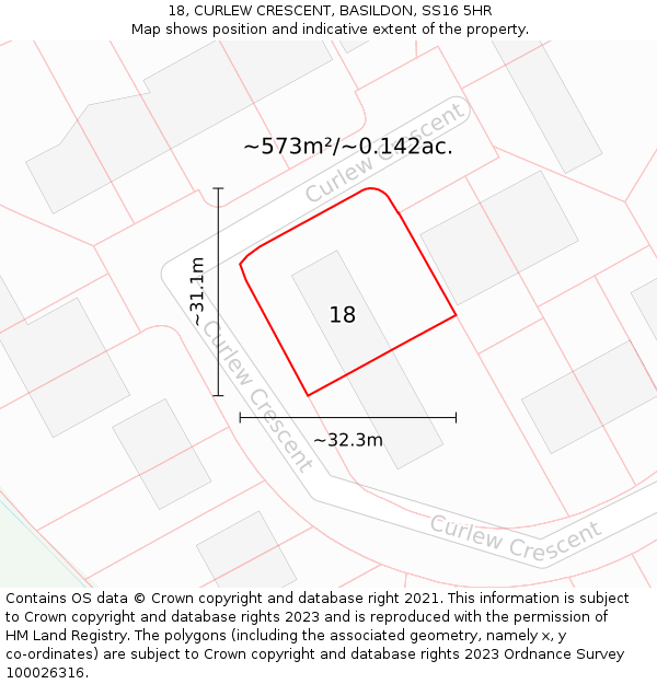 18, CURLEW CRESCENT, BASILDON, SS16 5HR: Plot and title map