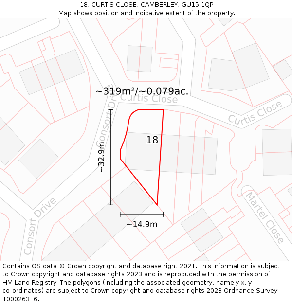 18, CURTIS CLOSE, CAMBERLEY, GU15 1QP: Plot and title map