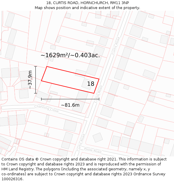 18, CURTIS ROAD, HORNCHURCH, RM11 3NP: Plot and title map