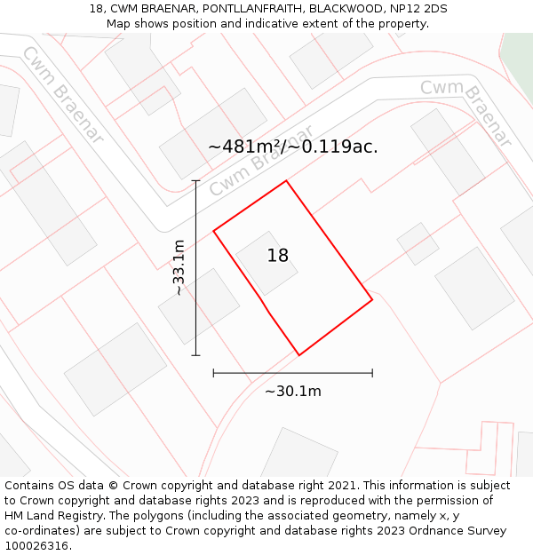 18, CWM BRAENAR, PONTLLANFRAITH, BLACKWOOD, NP12 2DS: Plot and title map