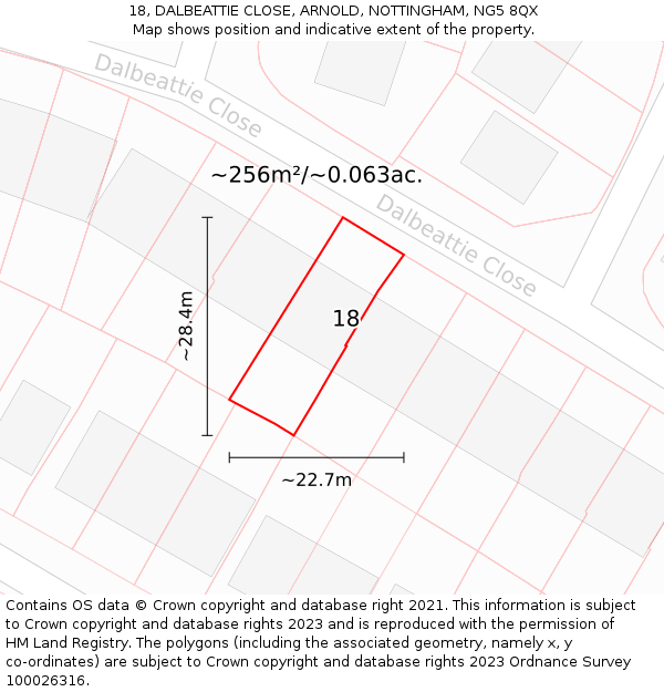 18, DALBEATTIE CLOSE, ARNOLD, NOTTINGHAM, NG5 8QX: Plot and title map