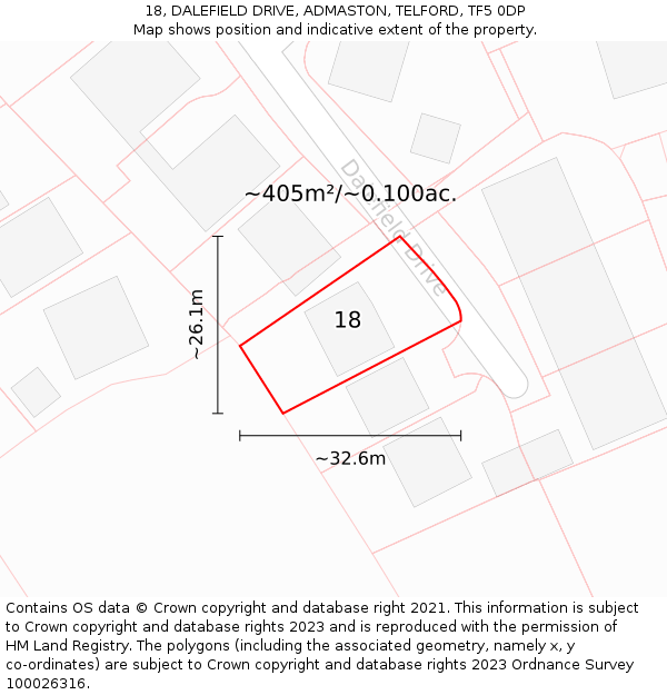 18, DALEFIELD DRIVE, ADMASTON, TELFORD, TF5 0DP: Plot and title map