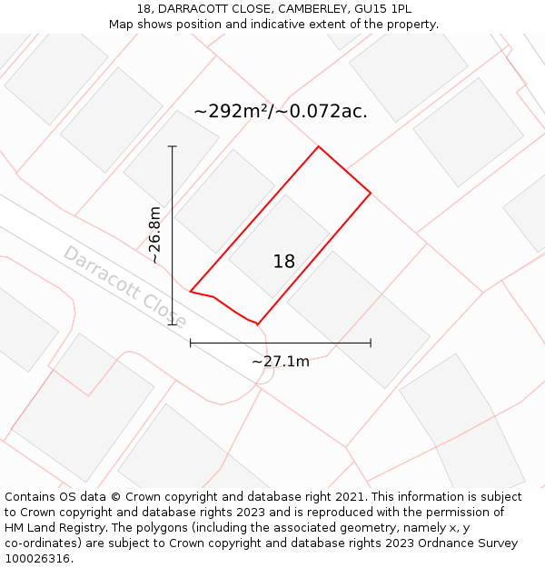 18, DARRACOTT CLOSE, CAMBERLEY, GU15 1PL: Plot and title map