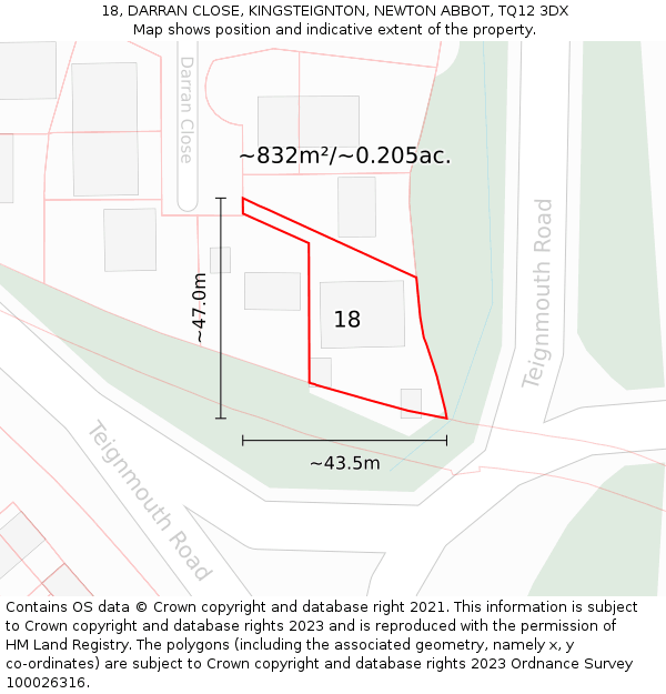 18, DARRAN CLOSE, KINGSTEIGNTON, NEWTON ABBOT, TQ12 3DX: Plot and title map