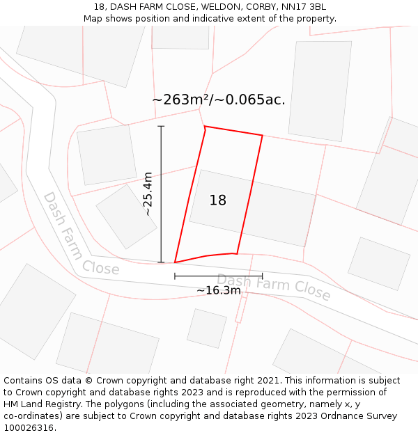 18, DASH FARM CLOSE, WELDON, CORBY, NN17 3BL: Plot and title map