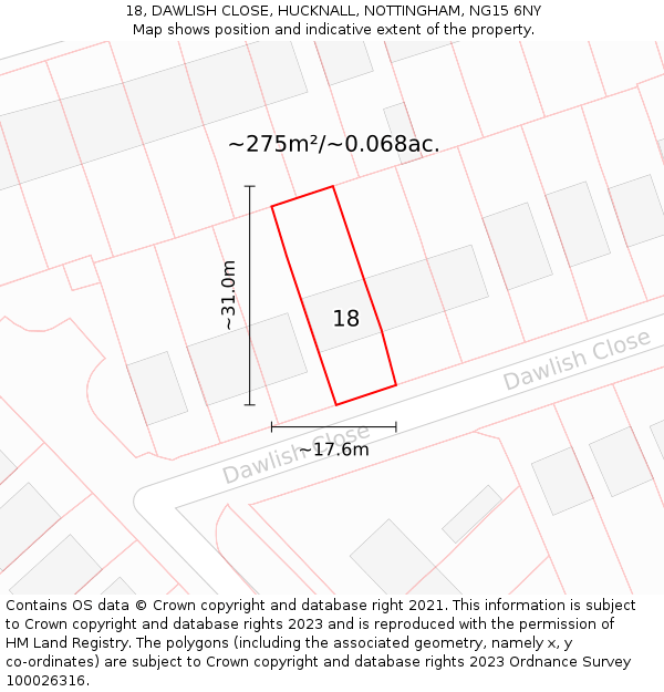 18, DAWLISH CLOSE, HUCKNALL, NOTTINGHAM, NG15 6NY: Plot and title map