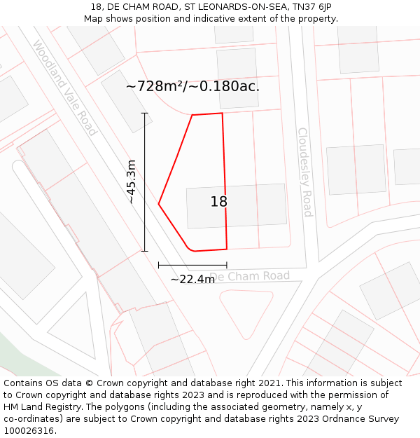 18, DE CHAM ROAD, ST LEONARDS-ON-SEA, TN37 6JP: Plot and title map