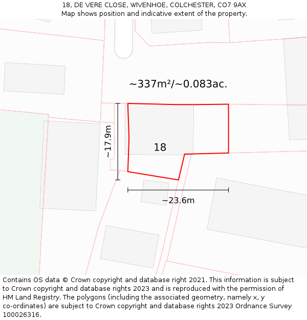 18, DE VERE CLOSE, WIVENHOE, COLCHESTER, CO7 9AX: Plot and title map