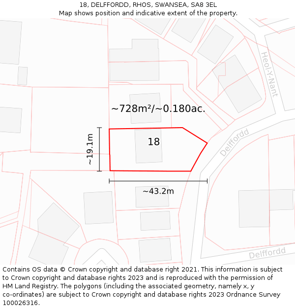 18, DELFFORDD, RHOS, SWANSEA, SA8 3EL: Plot and title map