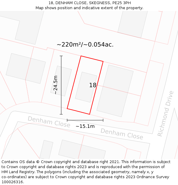 18, DENHAM CLOSE, SKEGNESS, PE25 3PH: Plot and title map