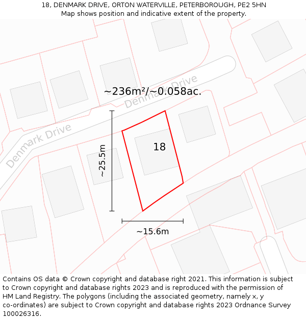 18, DENMARK DRIVE, ORTON WATERVILLE, PETERBOROUGH, PE2 5HN: Plot and title map