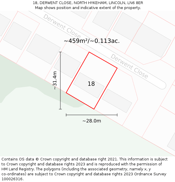 18, DERWENT CLOSE, NORTH HYKEHAM, LINCOLN, LN6 8ER: Plot and title map