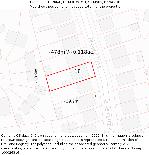 18, DERWENT DRIVE, HUMBERSTON, GRIMSBY, DN36 4BB: Plot and title map