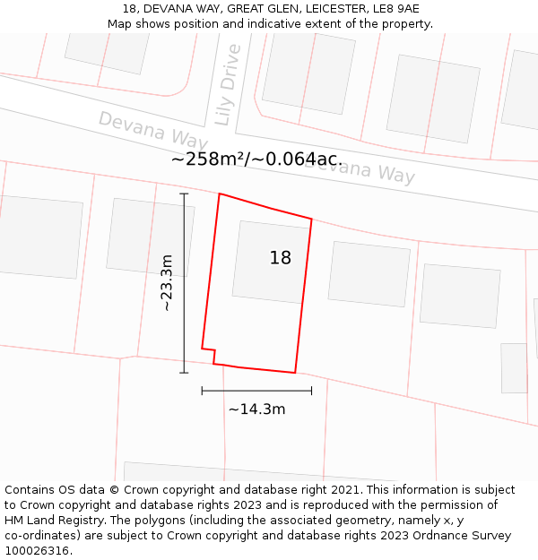 18, DEVANA WAY, GREAT GLEN, LEICESTER, LE8 9AE: Plot and title map