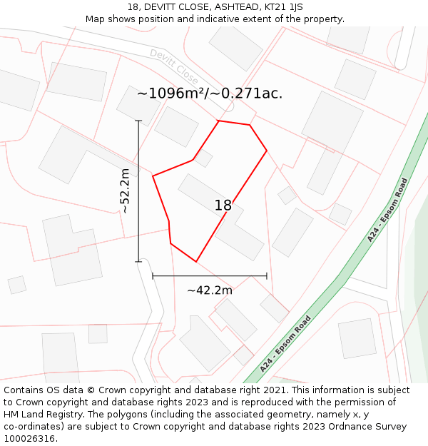 18, DEVITT CLOSE, ASHTEAD, KT21 1JS: Plot and title map