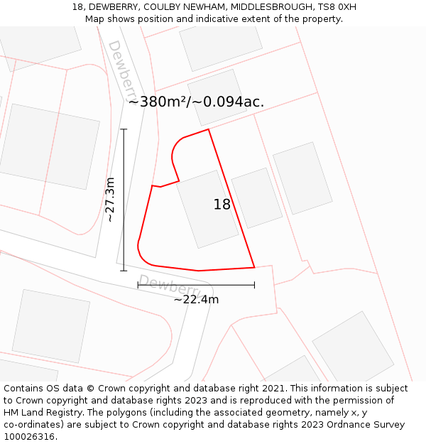18, DEWBERRY, COULBY NEWHAM, MIDDLESBROUGH, TS8 0XH: Plot and title map