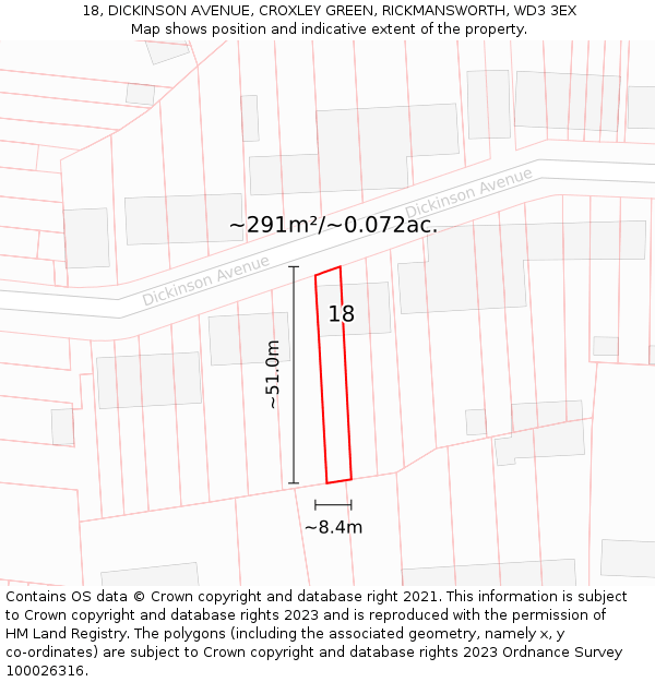 18, DICKINSON AVENUE, CROXLEY GREEN, RICKMANSWORTH, WD3 3EX: Plot and title map
