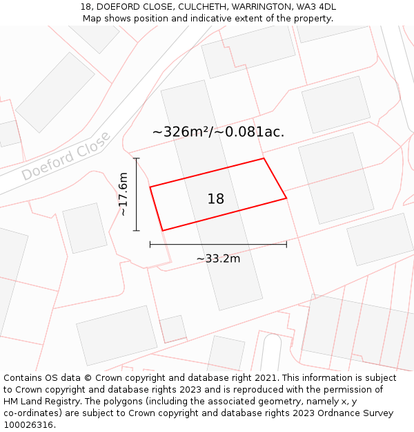 18, DOEFORD CLOSE, CULCHETH, WARRINGTON, WA3 4DL: Plot and title map