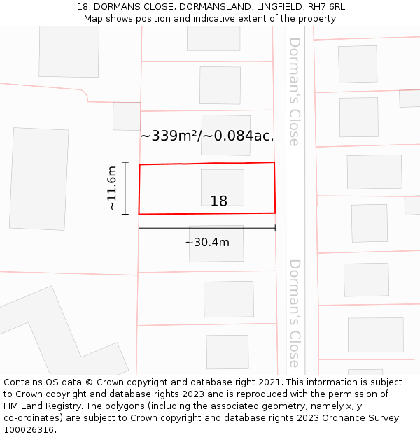 18, DORMANS CLOSE, DORMANSLAND, LINGFIELD, RH7 6RL: Plot and title map