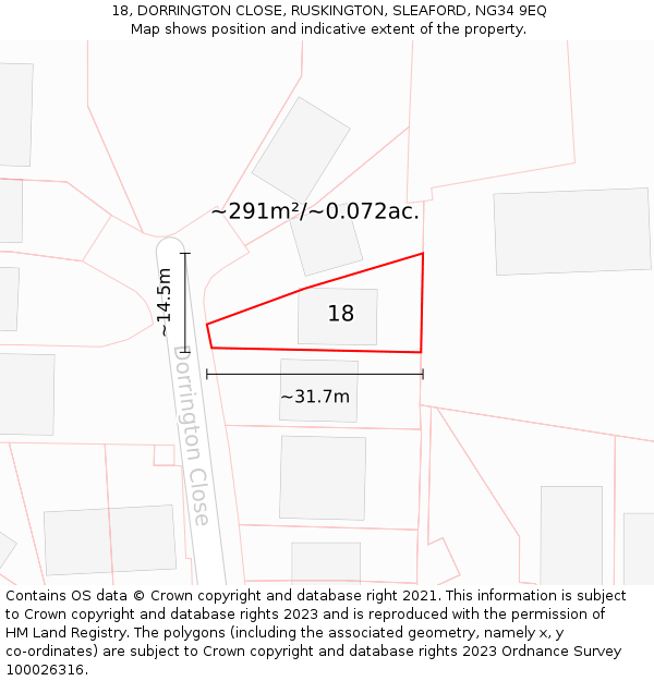 18, DORRINGTON CLOSE, RUSKINGTON, SLEAFORD, NG34 9EQ: Plot and title map