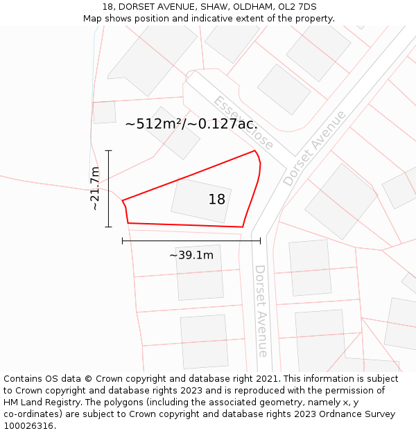 18, DORSET AVENUE, SHAW, OLDHAM, OL2 7DS: Plot and title map