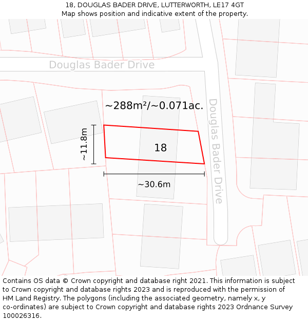 18, DOUGLAS BADER DRIVE, LUTTERWORTH, LE17 4GT: Plot and title map