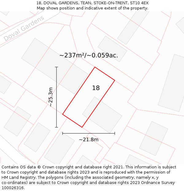18, DOVAL GARDENS, TEAN, STOKE-ON-TRENT, ST10 4EX: Plot and title map