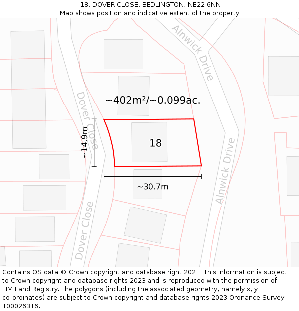 18, DOVER CLOSE, BEDLINGTON, NE22 6NN: Plot and title map