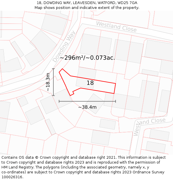 18, DOWDING WAY, LEAVESDEN, WATFORD, WD25 7GA: Plot and title map