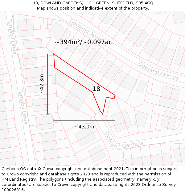 18, DOWLAND GARDENS, HIGH GREEN, SHEFFIELD, S35 4GQ: Plot and title map