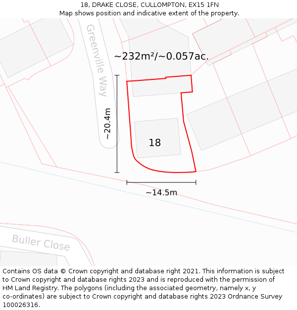 18, DRAKE CLOSE, CULLOMPTON, EX15 1FN: Plot and title map