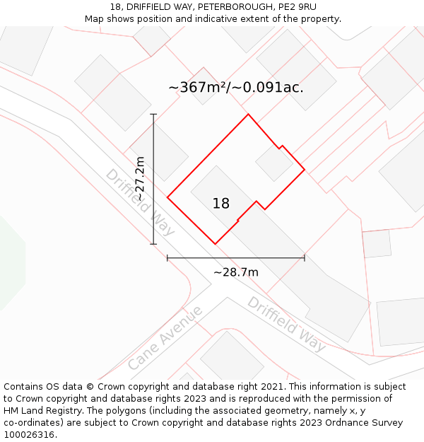 18, DRIFFIELD WAY, PETERBOROUGH, PE2 9RU: Plot and title map
