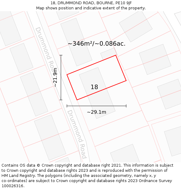 18, DRUMMOND ROAD, BOURNE, PE10 9JF: Plot and title map