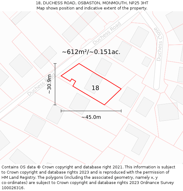 18, DUCHESS ROAD, OSBASTON, MONMOUTH, NP25 3HT: Plot and title map