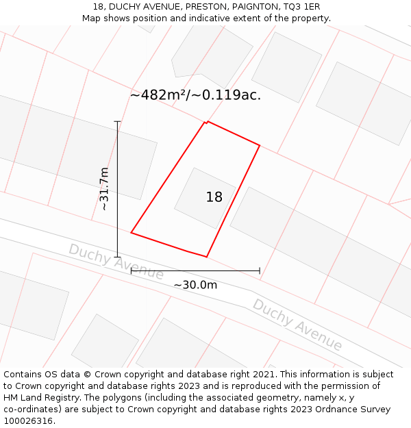 18, DUCHY AVENUE, PRESTON, PAIGNTON, TQ3 1ER: Plot and title map
