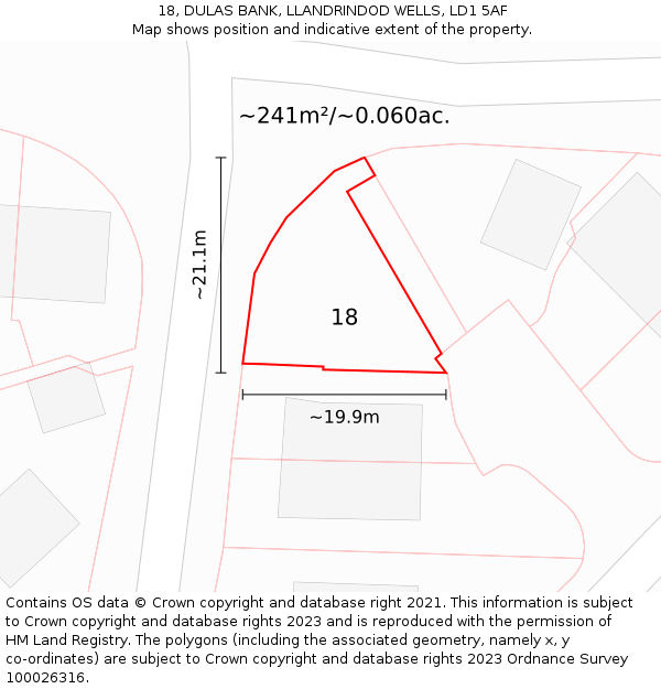 18, DULAS BANK, LLANDRINDOD WELLS, LD1 5AF: Plot and title map