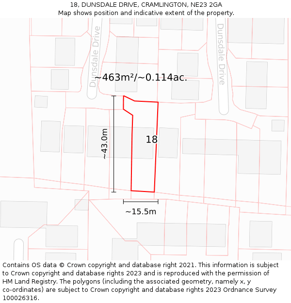 18, DUNSDALE DRIVE, CRAMLINGTON, NE23 2GA: Plot and title map