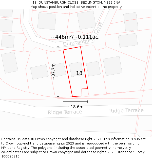 18, DUNSTANBURGH CLOSE, BEDLINGTON, NE22 6NA: Plot and title map