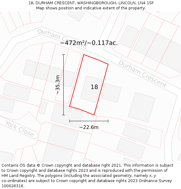18, DURHAM CRESCENT, WASHINGBOROUGH, LINCOLN, LN4 1SF: Plot and title map