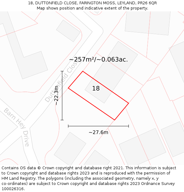 18, DUTTONFIELD CLOSE, FARINGTON MOSS, LEYLAND, PR26 6QR: Plot and title map